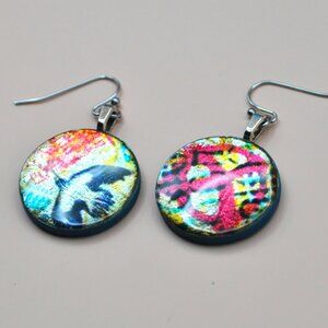 Handcrafted artsy earrings, wood & resin, metallic shimmer, stainless ear hooks